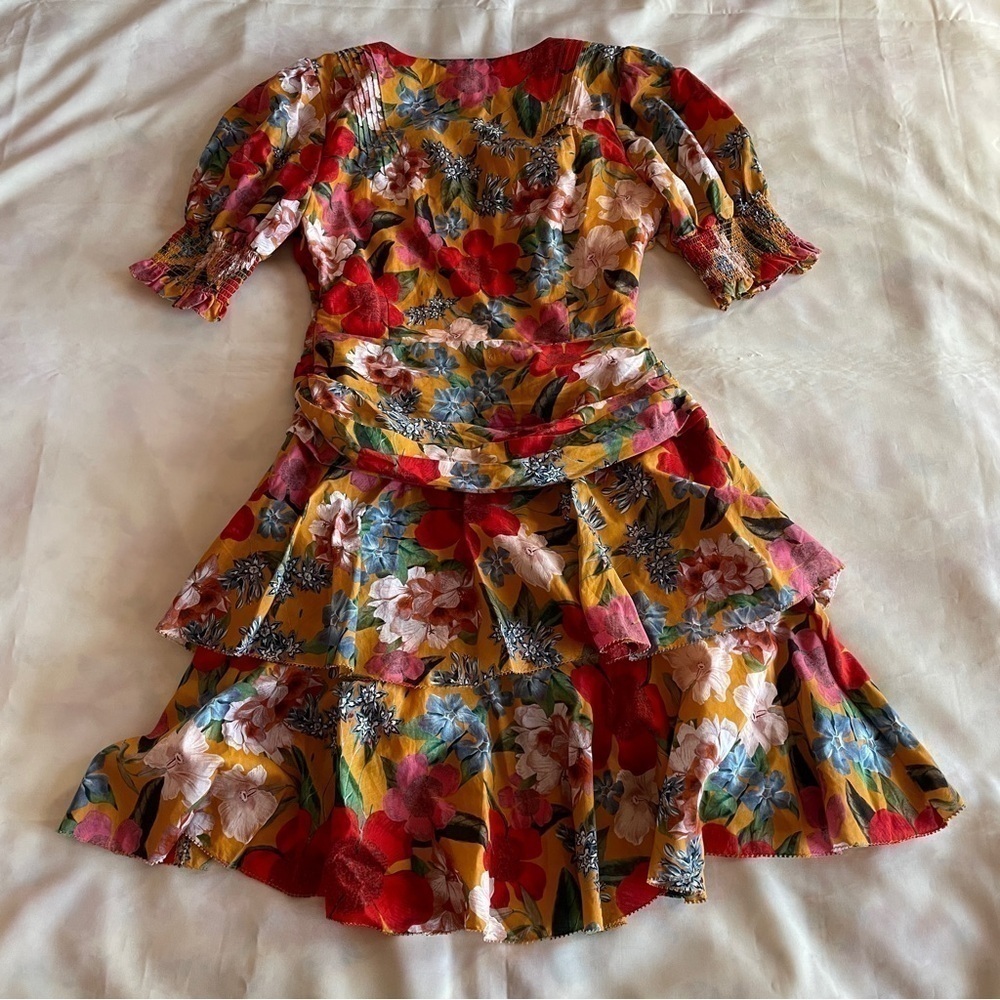 NICHOLAS- Orange Tangerine Floral Puff Sleeve Pintuck Mini Dress Size 4 - Picture 6 of 9